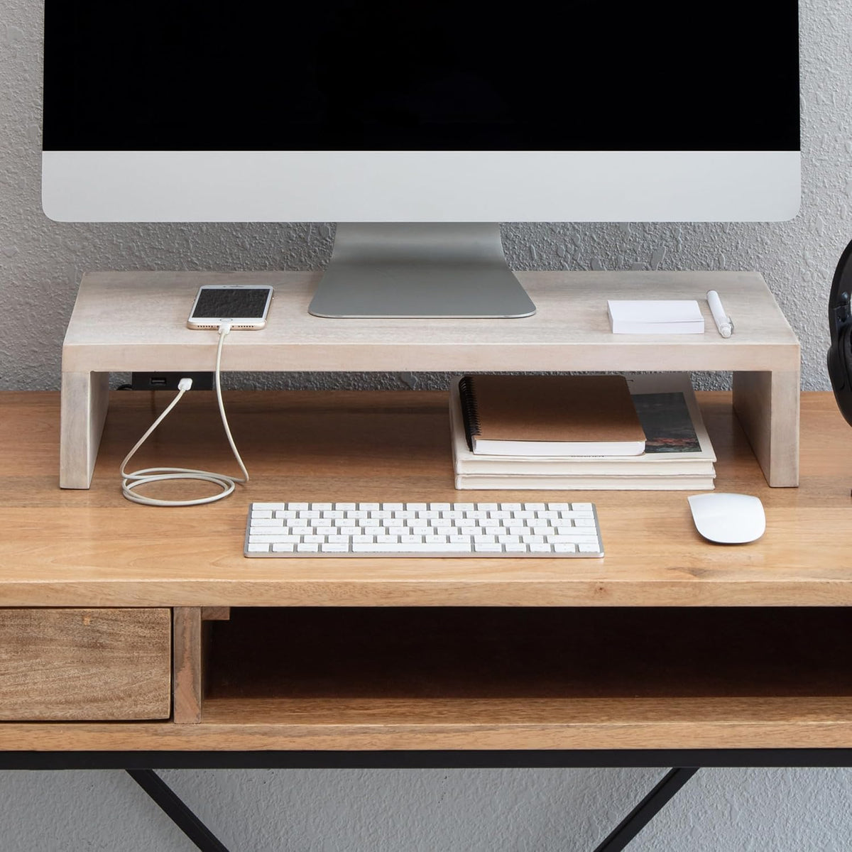 Anji Mountain Wooden Monitor Stand - Elegant Monitor Riser,Perfect Monitor Stand for Desk Organization, Durable Wood Construction monitor stands,Enhances Ergonomics and Workspace Efficiency,White Wash