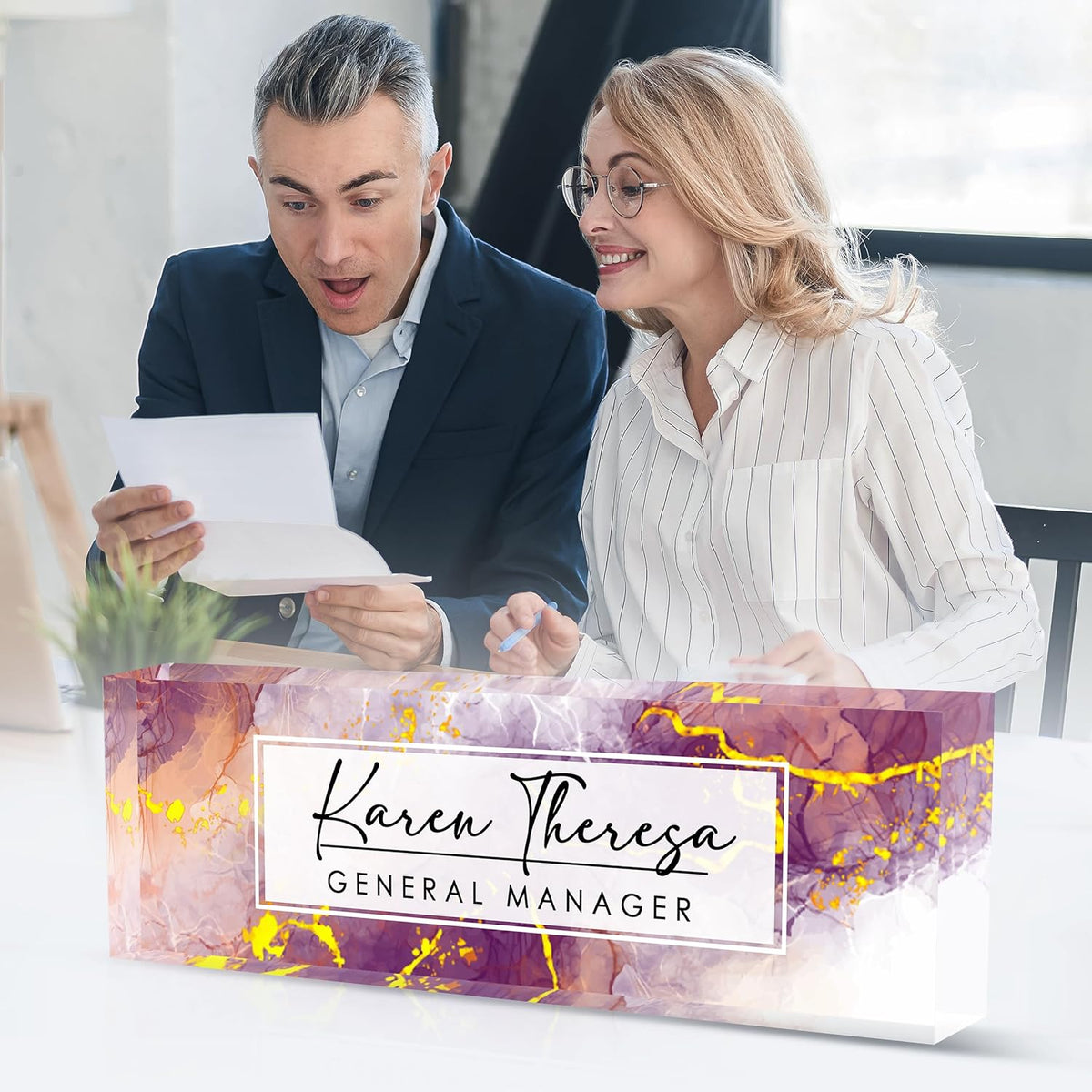 Custom Office Name Plate, Personalized Gifts for Women & Employees, Office Desk Accessory (Purple Marble)
