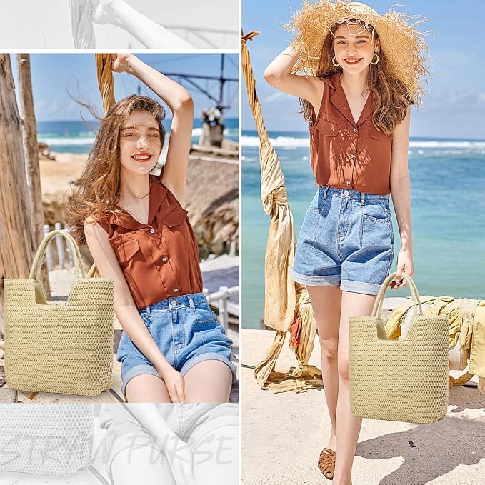 Straw Beach Bags for Women Woven Beach Tote Bag Casual Boho Large Shoulder
