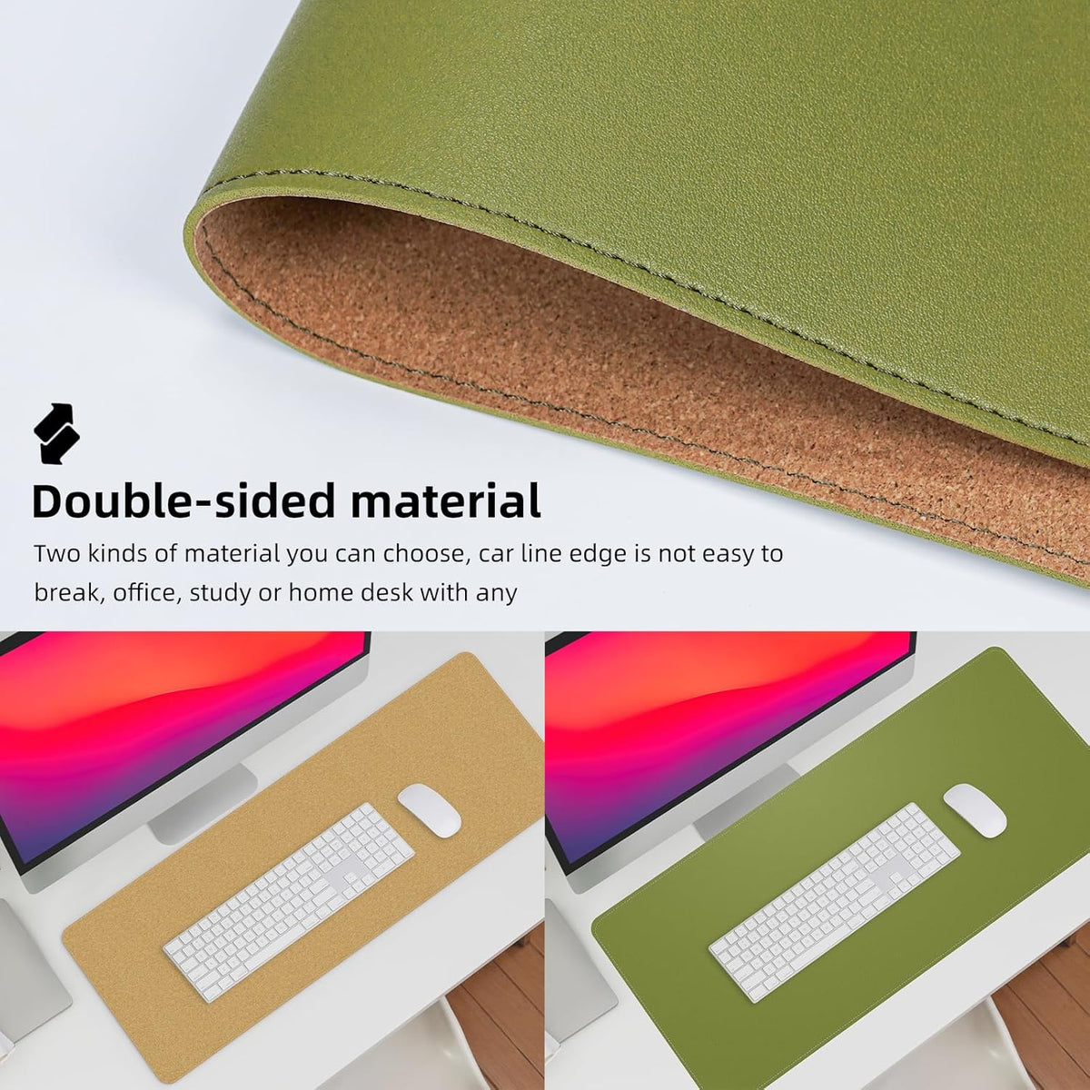 Leather Desk pad Protector, Large Desk mat with Natural Cork & PU Leather,Mouse pad,Non-Slip Office Desk Mat,Waterproof Desk Writing Pad for Office and Home (47in*23.7in, Olive Green)