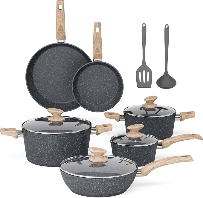 MAISON ARTS Pots and Pans Set Non Stick, 12 Piece Grey Granite Kitchen Cookware