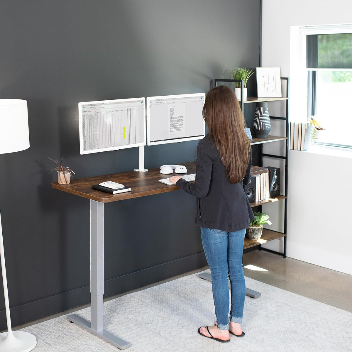 VIVO Electric 60 x 24 in Rustic Standing Desk, Memory Height Adjustment, 1B Series, One-Piece Vintage Brown Top, Gray Frame, DESK-KIT-1G6N