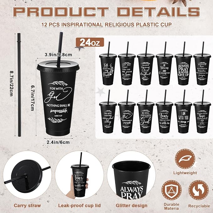Havawish 12 Pcs Mothers Day Christian Tumbler Gift Bulk Religious Inspirational 24 oz Drinking Jesus Cup with Lid Straw Bible Verse Plastic Cup for Church Father Teacher First Communion (Black)
