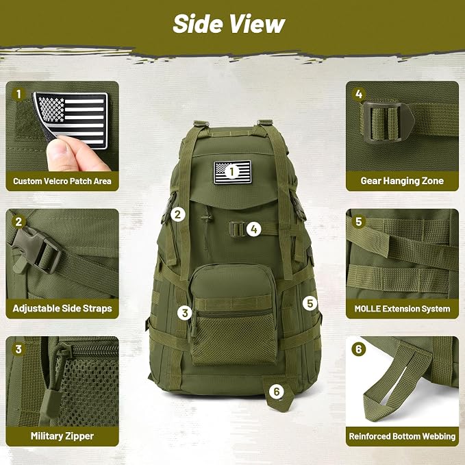 50L Tactical Backpack for Men and Women, Water-Resistant Molle Rucksack