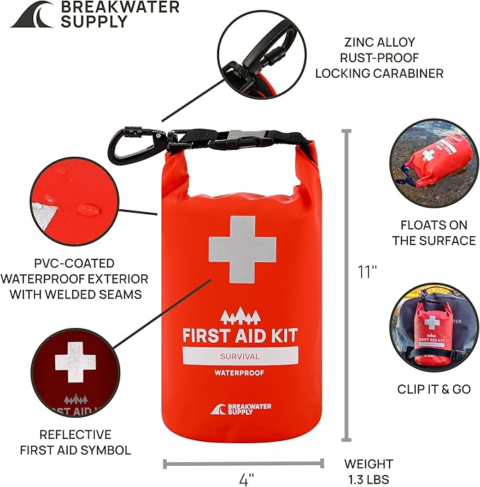 Breakwater Supply™ Waterproof First Aid Kit Dry Bag Bug Out Bag Preloaded with Emergency Survival Prepper Supplies for Boating, Camping, Fishing + Carabiner, Floating, Reflective, AFAK/IFAK Trauma Kit