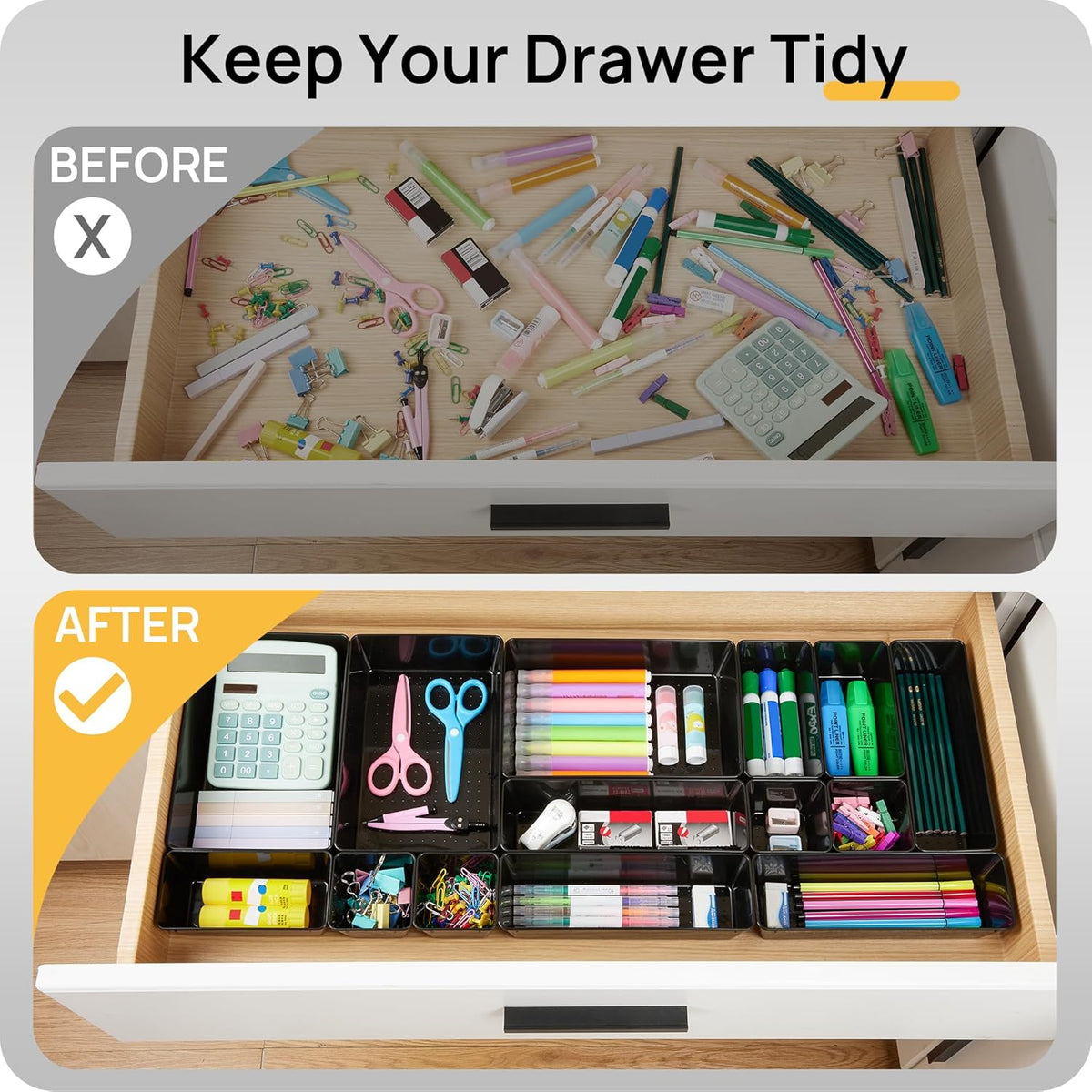 Vtopmart 44 PCS Plastic Drawer Organizers Set, 4-Size Versatile Bathroom and Vanity Organizer Trays, Non-Slip Storage Containers for Makeup, Jewelries, Bedroom，Kitchen Utensils and Office, Black