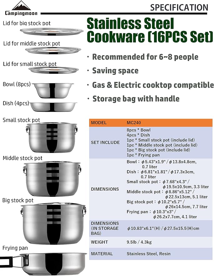 CAMPINGMOON Camping Cookware Set Stainless Steel Outdoor Nesting Cooking Mess