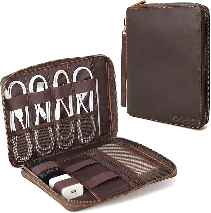 Polare Full Grain Leather Travel Cable Organizer Case Electronics Accessories