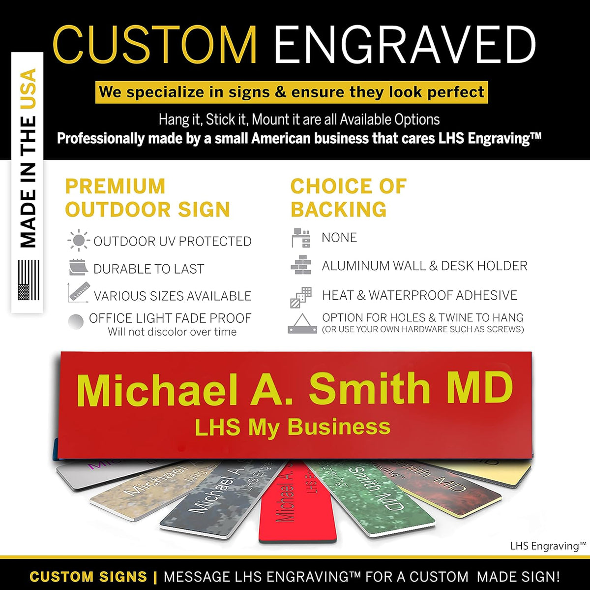 Door Name Plate Personalized for Office Red Plastic Name Plate with Yellow Letters - Made in USA 2x10 B22