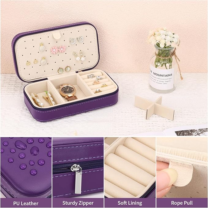 DesignSter Travel Jewelry Box, PU Leather Portable Jewelry Case, Small Jewelry