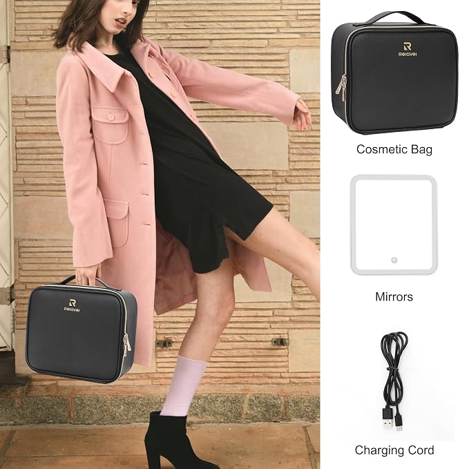 Relavel Travel Makeup Bag With LED Mirror, Cosmetic Train Case with Light up