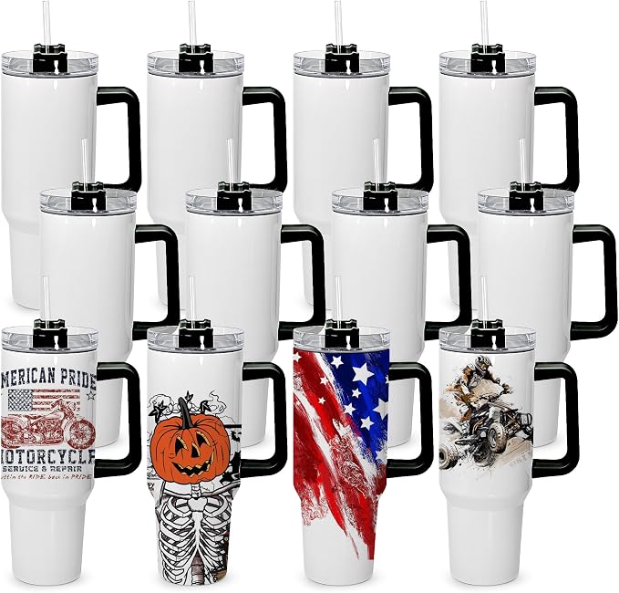 sweet grain 40 oz Sublimation Tumbler with Handle and Straw(12 Pack) Stainless Steel Double Wall Vacuum Insulated Travel Mug Cup Tumblers Bulk Sublimation Blank - Black Handle