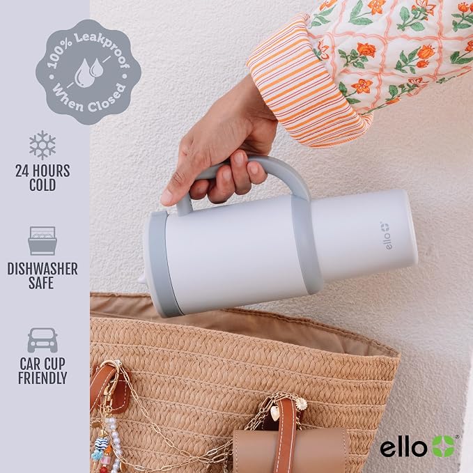 Ello Oasis 30 oz Tumbler with Handle & Retracting Straw | Reusable Insulated Stainless Steel Cup 100% Leakproof, Gifts for Teens Women Men | Keeps cold for 20 Hours, Cup Holder Friendly, Grayscale