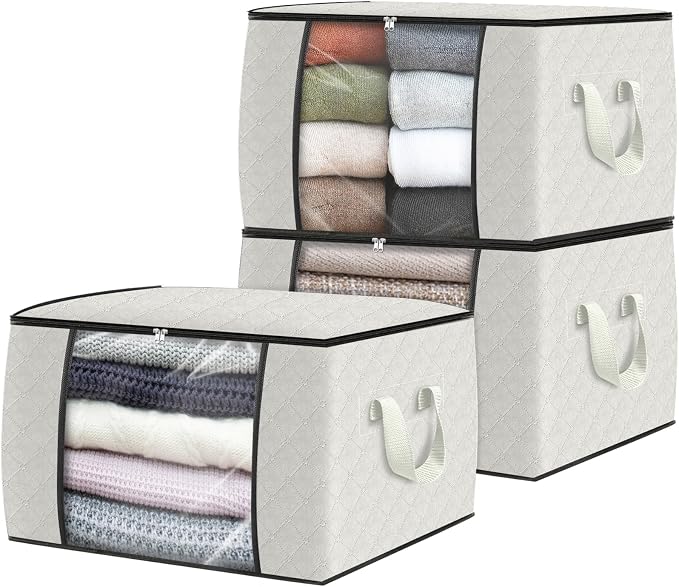 Fab totes 3 Pack Clothes Storage, Foldable Thick Fabric Blanket Storage Bags