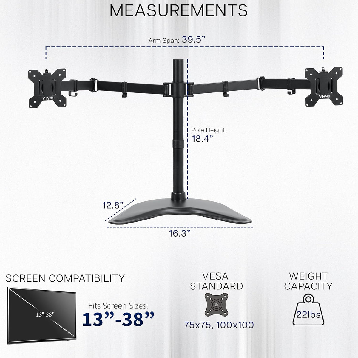 VIVO Dual Ultrawide Monitor Mount, Free-Standing Desk Stand for 2 Screens up to 38 Inches, Heavy-Duty Adjustable Arms, Max VESA 100x100mm, Black, STAND-V038F