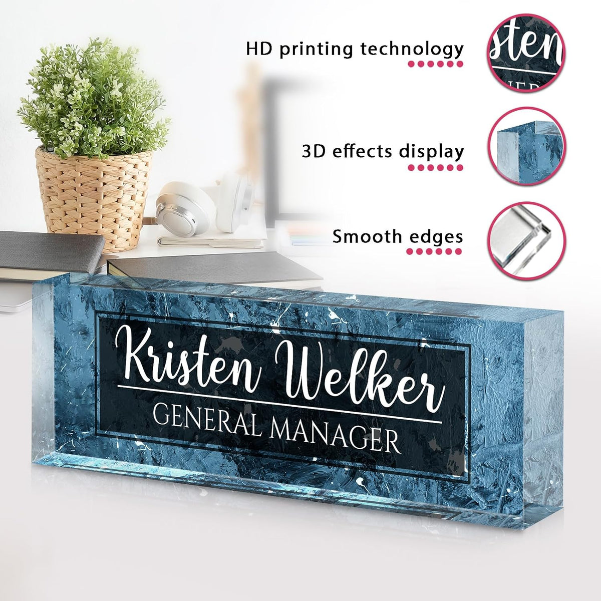 Personalized Name Plate for Desk - Custom Engraved Name Plates for Man - Boss Day Gifts for Boss - Acrylic Office Decor Appreciation Gifts for Teacher Nurse Coworker Social Worker (Blue)