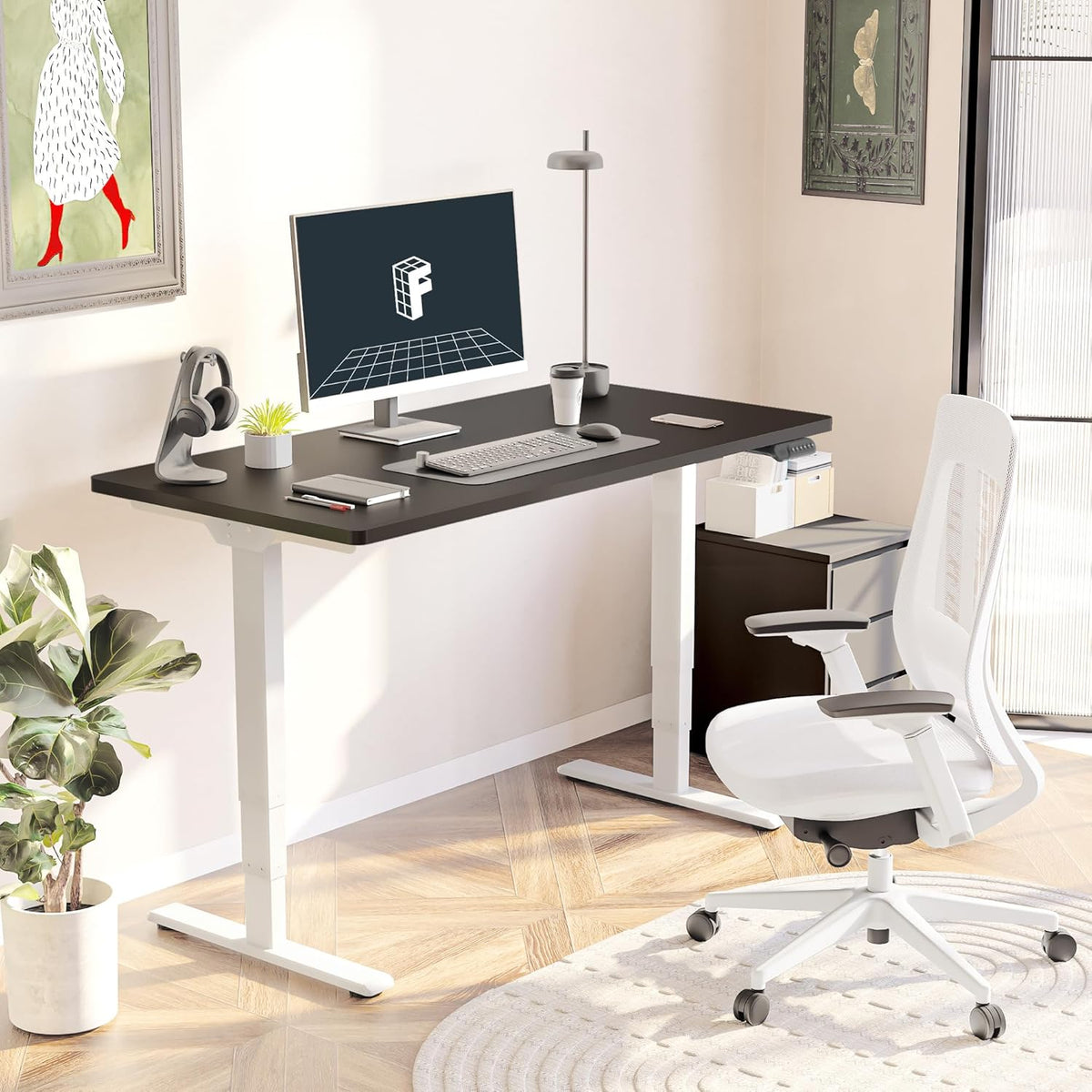 FLEXISPOT E6 Essential 3 Stages Dual Motor Electric Standing Desk 48x30 Inch Whole-Piece Board Height Adjustable Electric Sit Stand Desk(White Frame + Black Desktop, 2 Packages)
