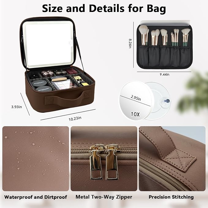 Travel Makeup Bag with LED Mirror and 10x magnifying glass with 3 Lighted