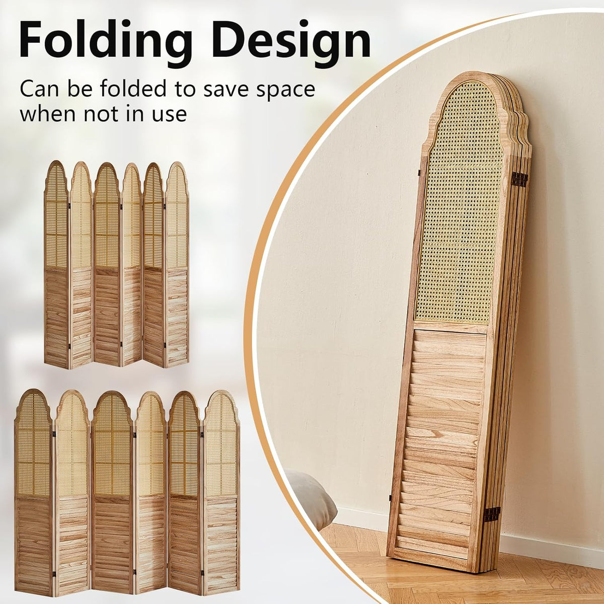 6 Panel Rattan Room Divider Panel, 5.6Ft Partitionsand Dividers, Louvered Partition Divider, Room Dividers Screen, Solid Wood Frame, Folding Screen, Bedroom, Family Room, Light Brown