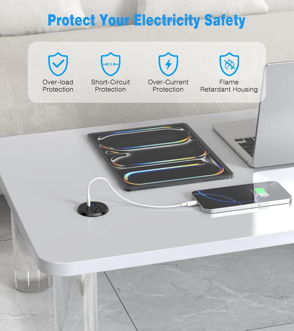 2 inch Desk Power Grommet Outlet, Recessed Power Outlet with 20W USB-C Fast Charging, for Conference Rooms, Office Tables, Furniture, 6FT Cord(ETL Listed)
