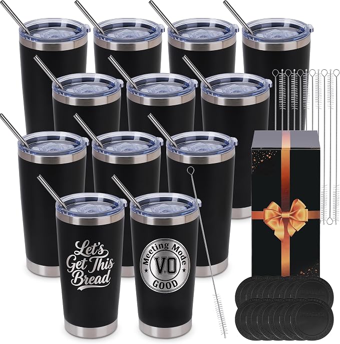 Joyclub Tumblers Bulk Laser Engraving Blanks Easy Carry 12 Pack 20 oz Tumblers Black Stainless Steel Tumblers with Lids Straws and Brushes for Car Commute DIY Gifts Team Family Use