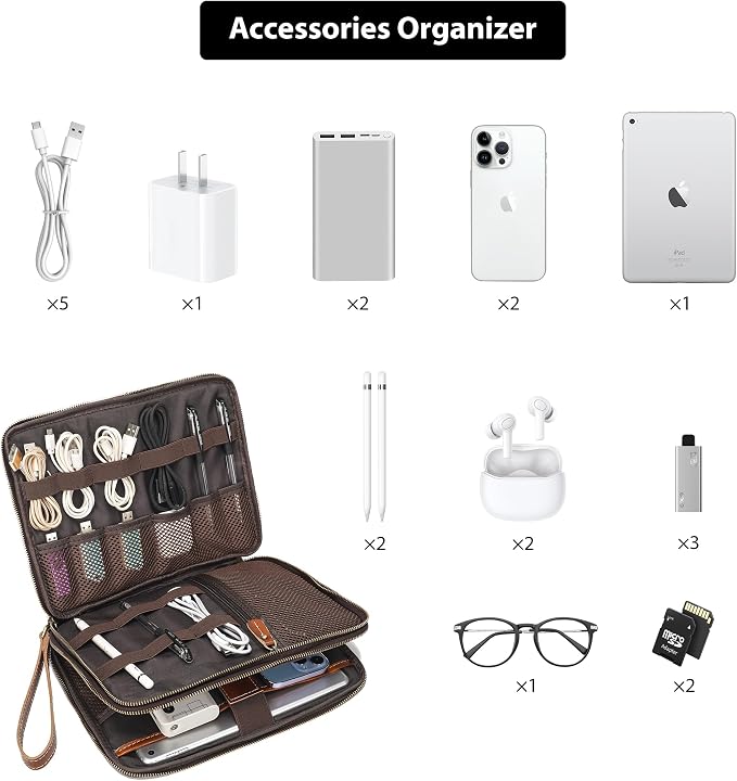 LANNSYNE Full Grain Leather Travel Cable Accessories Bag, Electronic Organizer