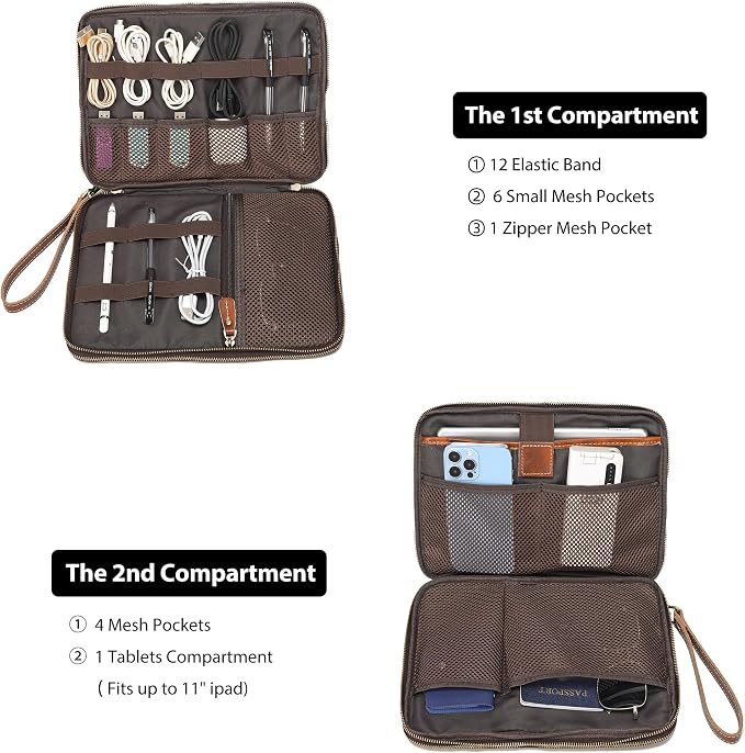 LANNSYNE Full Grain Leather Travel Cable Accessories Bag, Electronic Organizer