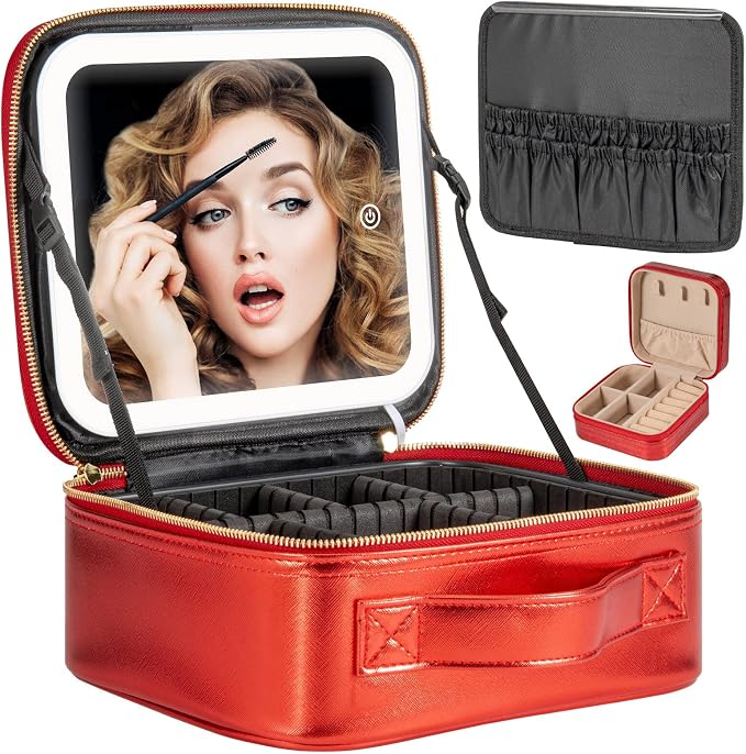Makeup Travel Train Case with Mirror LED Light 3 Adjustable Brightness Large