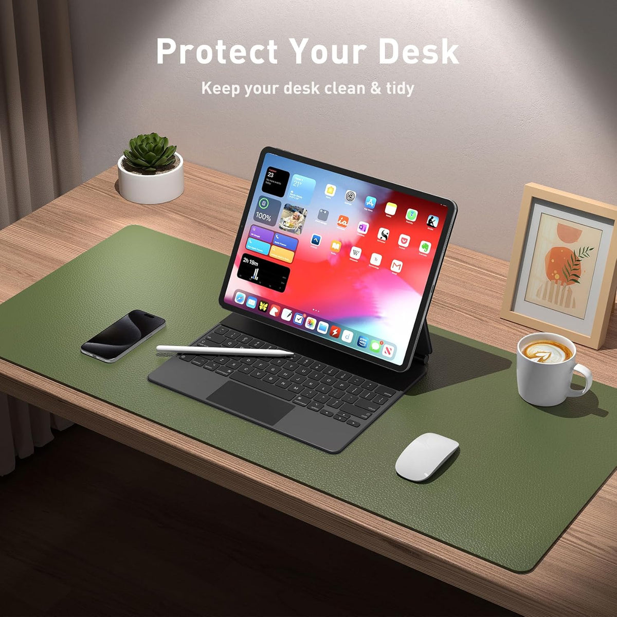 Aothia Leather Desk Pad Protector, Mouse Pad, Office Desk Mat, Non-Slip PU Leather Desk Blotter, Laptop Desk Pad, Waterproof Desk Writing Pad for Office and Home (36" x 17", Olive Green)