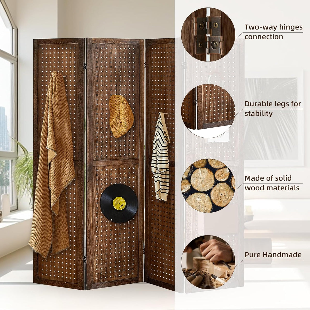 4 Panel Pegboard Display with 16 Hooks, Wooden Room Divider Wall and Folding Privacy Screens, Privacy Dividers for Rooms, Pegboard Room Divider, Jewelry Store, Bedroom, Balcony, Dark Brown