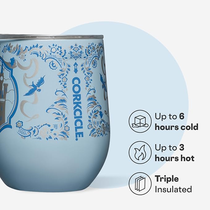 Corkcicle Stemless Insulated Wine Glass Tumbler - Beverages Cold 6 Hours & Hot 3 Hours - Stainless Steel - Easy-Grip - Summer Drinkware Gift - Keeps Drinks Ice - 12 oz - Princess Cinderella