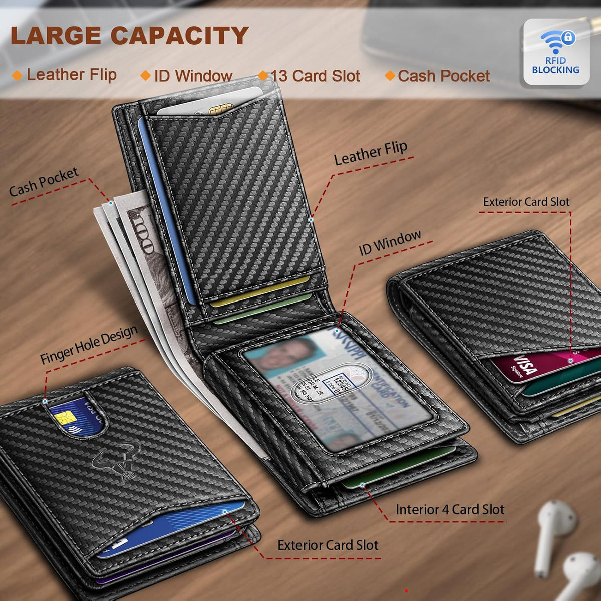 BULLIANT Men Wallet, Slim Leather Wallet Front Pocket Card Holder Gift For Men 11 Slots RFID Blocking