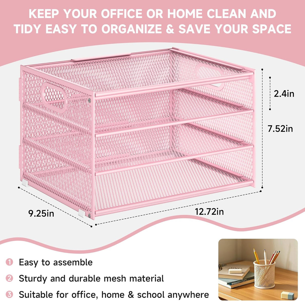 Subekyu Paper Letter Tray Organizer for Desk, Pink Metal Mesh Desk File Sorter Organizer with Handle and 2 Sliding Trays for Home Office School Supplies Organization