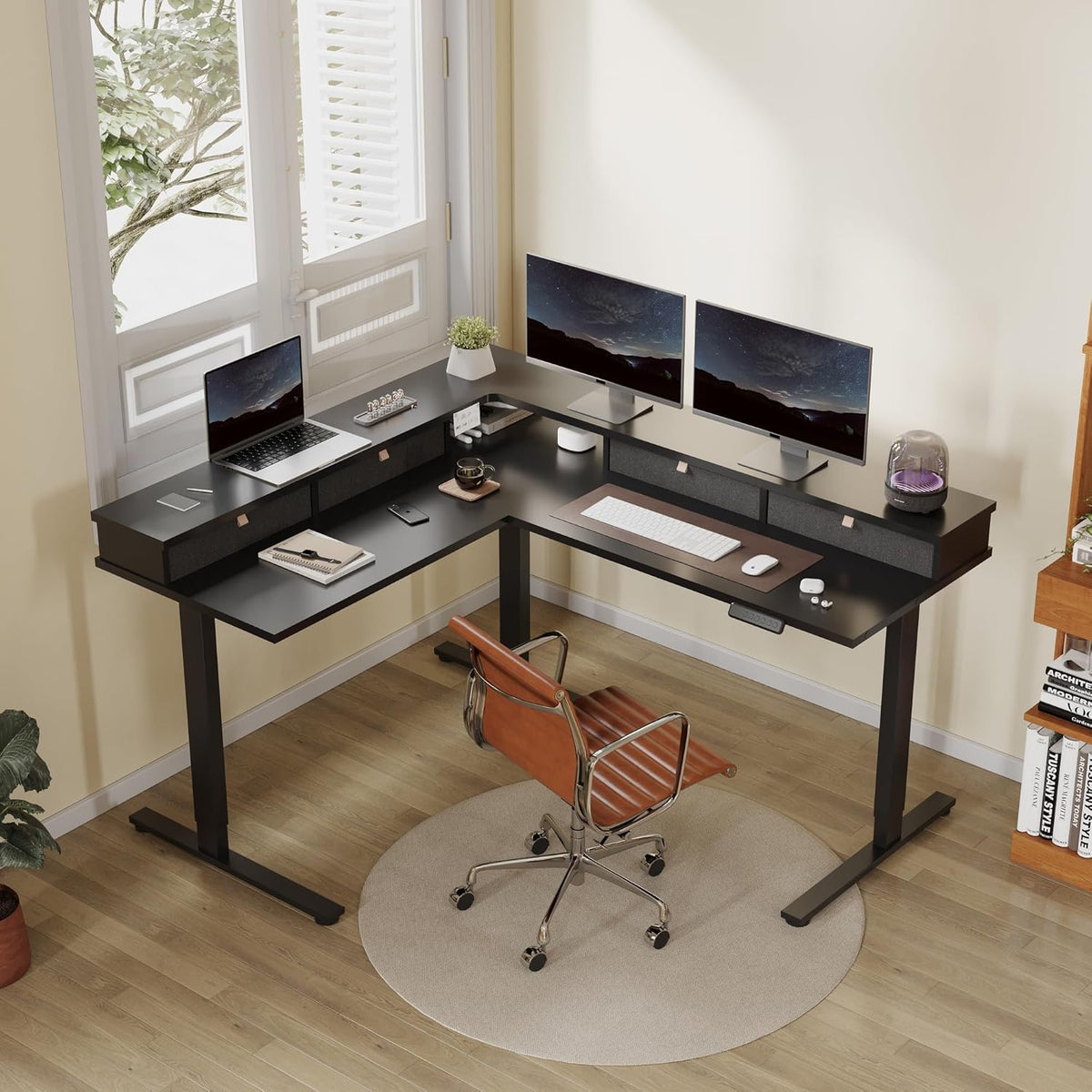 FLEXISPOT 63" L Shaped Standing Desk Electric Corner Table with Monitor Shelf, 4 Storage Drawers, Adjustable Computer Workstation for Home, Office, Game, Studio, Black Top + Black Frame