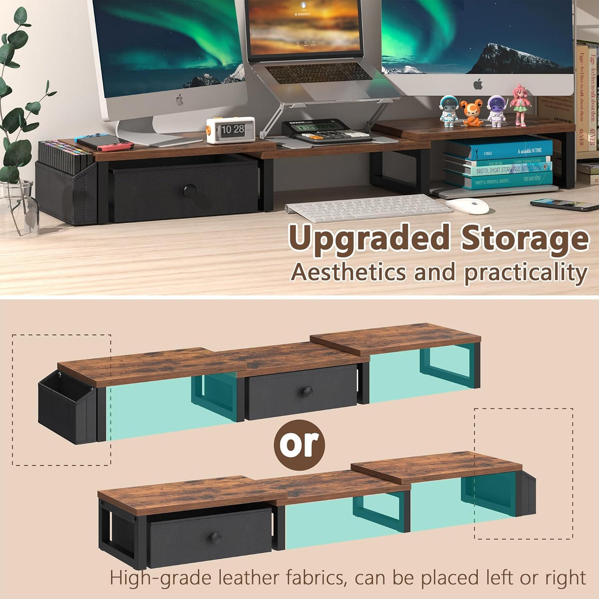 LAND·VOI Heavy Duty Dual Monitor Stand, Holds 2 Screens Up to 27 Inches, Adjustable Length and Angle Monitor Riser, Desk Organizer with Side Pockets and Drawers, Home Office Desk Storage, Rustic Brown