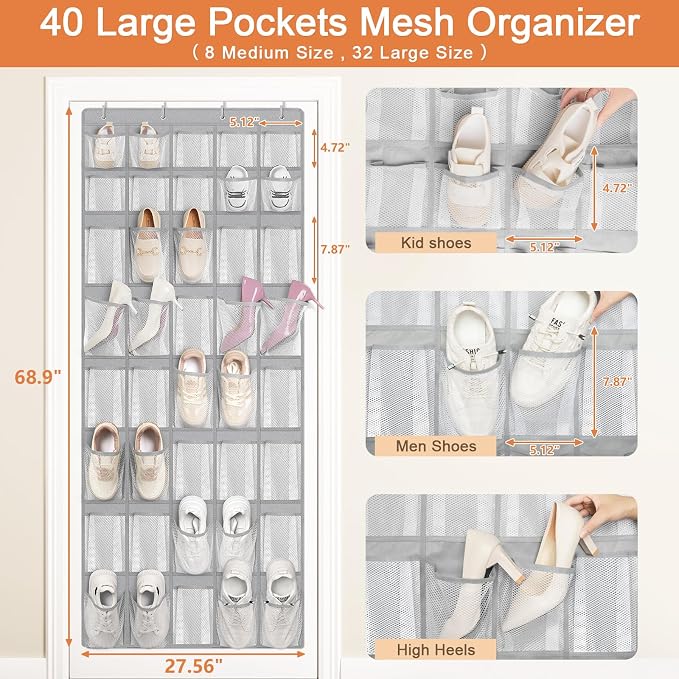 FENTEC 40 Large Pockets Over The Door Shoe Organizer, Mesh Hanging Shoe
