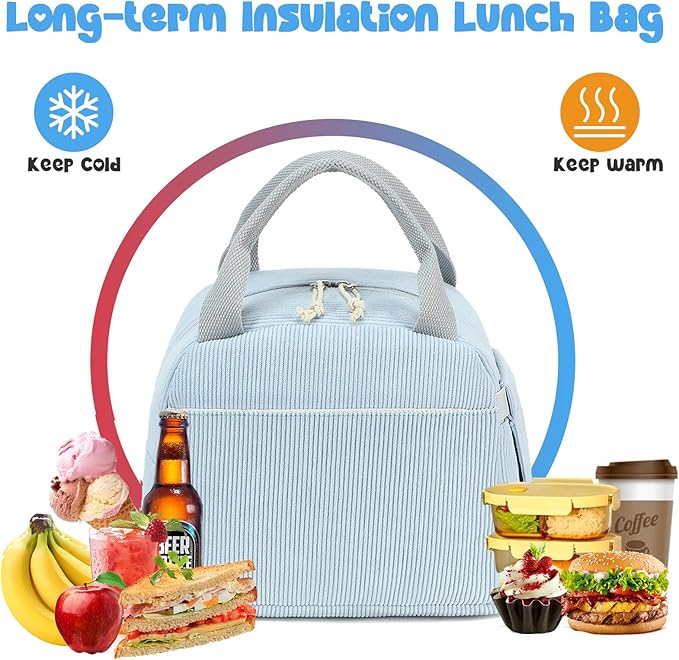 Bluboon Lunch Bag for Women Men Cute Corduroy Lunch Tote Bags Reusable