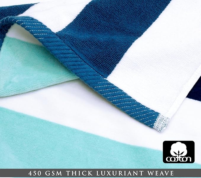 COTTON CRAFT Oversized Beach Towels - 2 Pack XXL 35x84 - The Big Kahuna 7 Foot Extra Large Beach Blanket Towel - Big & Tall - Huge 100% Cotton Velour Plush Soft Luxury Towel - Cabana Stripe Blue
