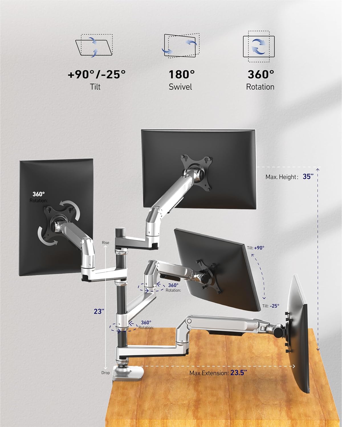 Quad Monitor Mount, Holds Screens up to 40 Inches and 25 lbs, Fully Adjustable 4 Monitor Mount with C-Clamp and Grommet Base, Aluminum, Silver