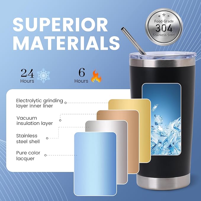 Joyclub Tumblers Bulk Laser Engraving Blanks Easy Carry 12 Pack 20 oz Tumblers Black Stainless Steel Tumblers with Lids Straws and Brushes for Car Commute DIY Gifts Team Family Use