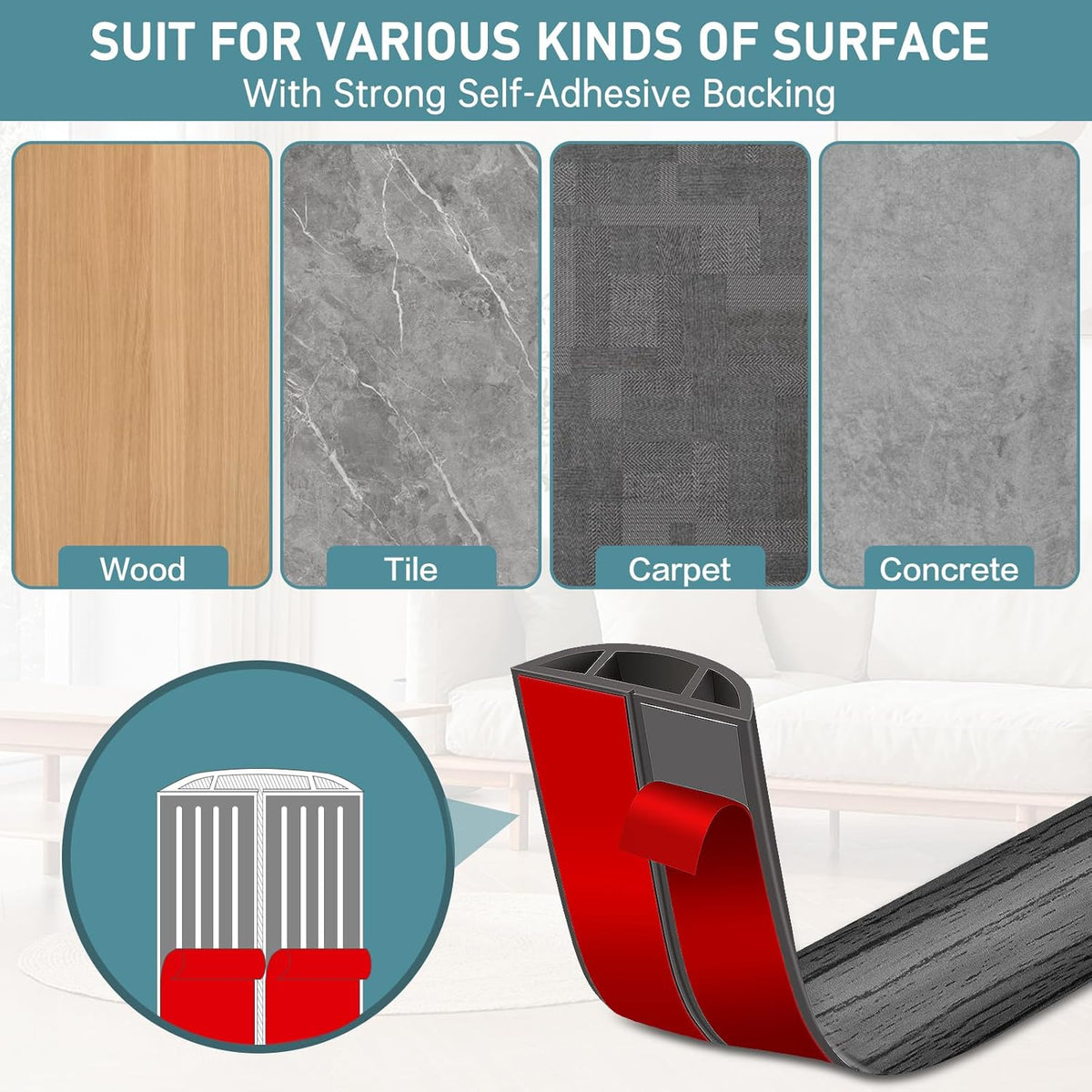 Floor Cord Cover Self Adhesive Cord Hider Floor Extension Cord Covers for Floor Power Cord Protector Cable Management Prevent Cable Trips Cable Cavity 0.47" W x 0.27" H (Deep Grey Wood, 10Ft)