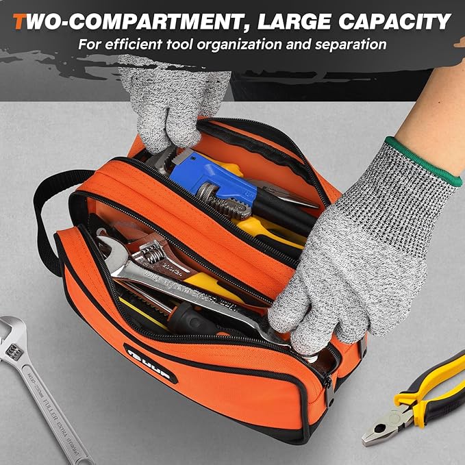 Small Tool Bag 2 Pack, Zipper Tool Pouch Two Compartments, 10 12 inch Utility