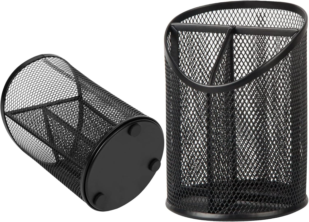 2 Pack Pen Holder Mesh Round Pencil Holder Desktop Organizer 3 Compartments, Black