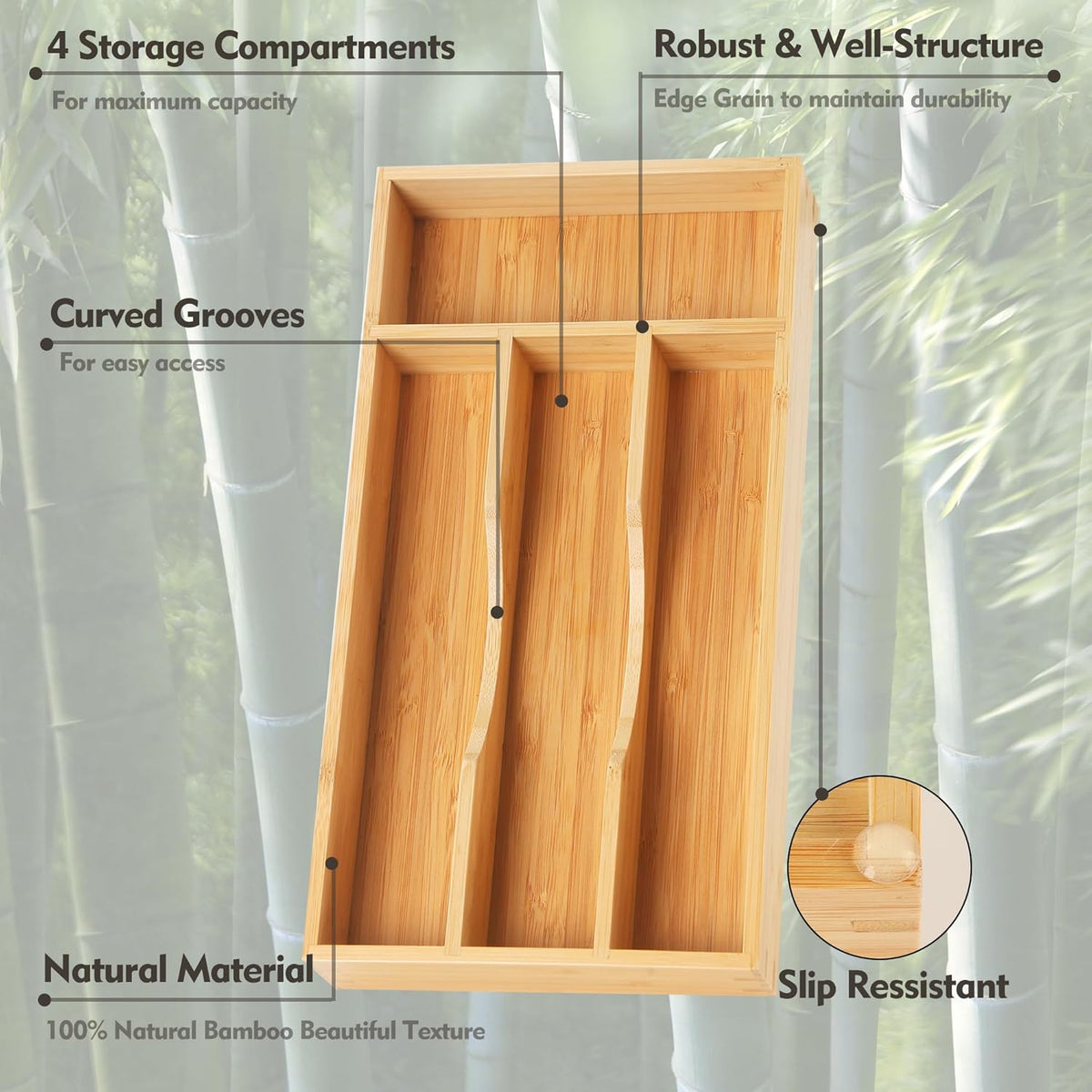 Bamboo Kitchen Drawer Organizer, 7 Inch Silverware Utensil Holder for Small Drawer, Wood Silverware Organizer for Cutlery
