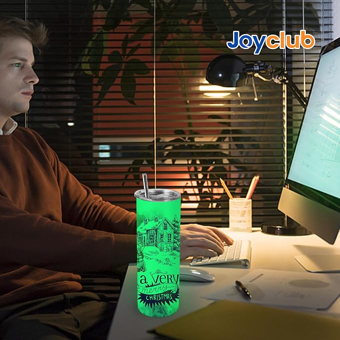 Joyclub 8 Pack Sublimation Tumblers Glow in the Dark 20 oz Bulk Blank Tumblers Skinny Straight Flat Bottom Cups White with Lid and Straw