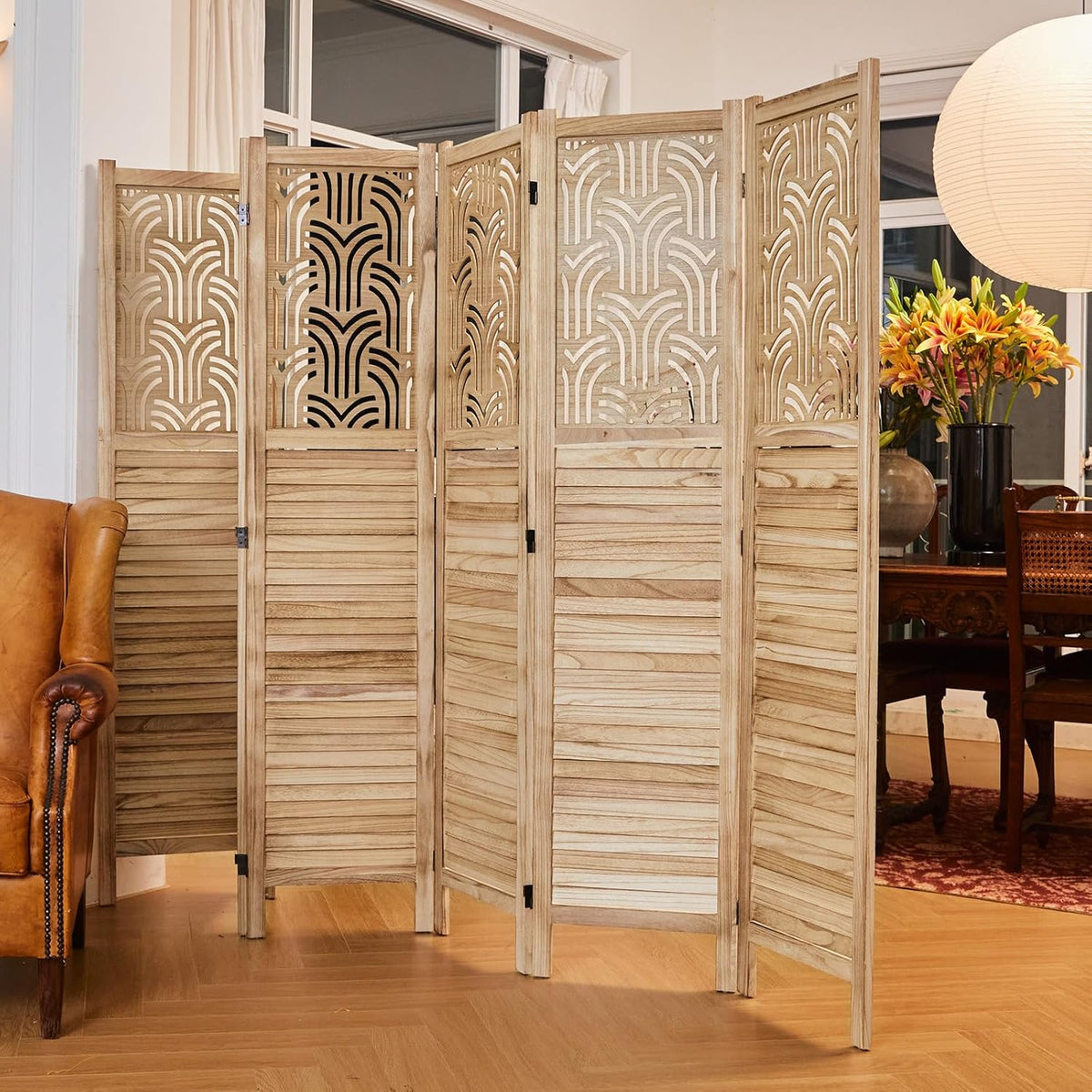Folding Room Divider, 66.9 Inch 6 Panels Wood Carved Privacy Screens, Free Assembled Freestanding Portable Separation Wall for Home Office Bedroom (Natural)