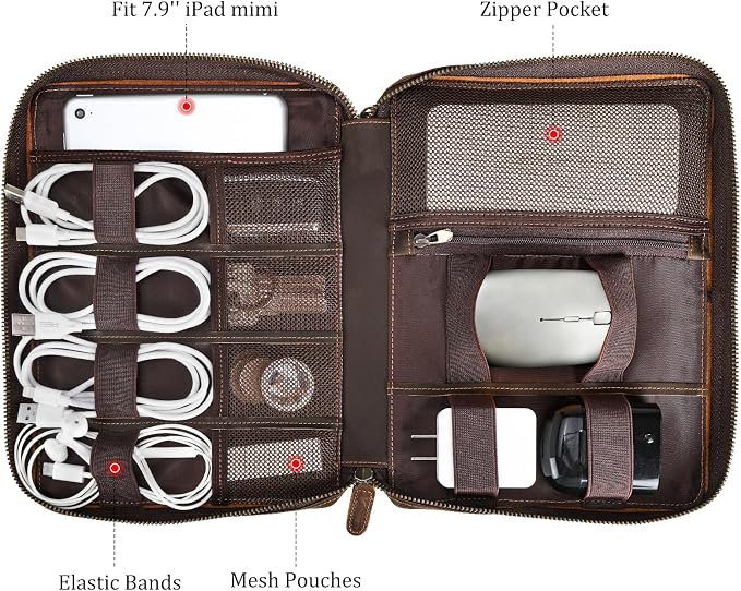 Polare Full Grain Leather Travel Cable Organizer Case Electronics Accessories