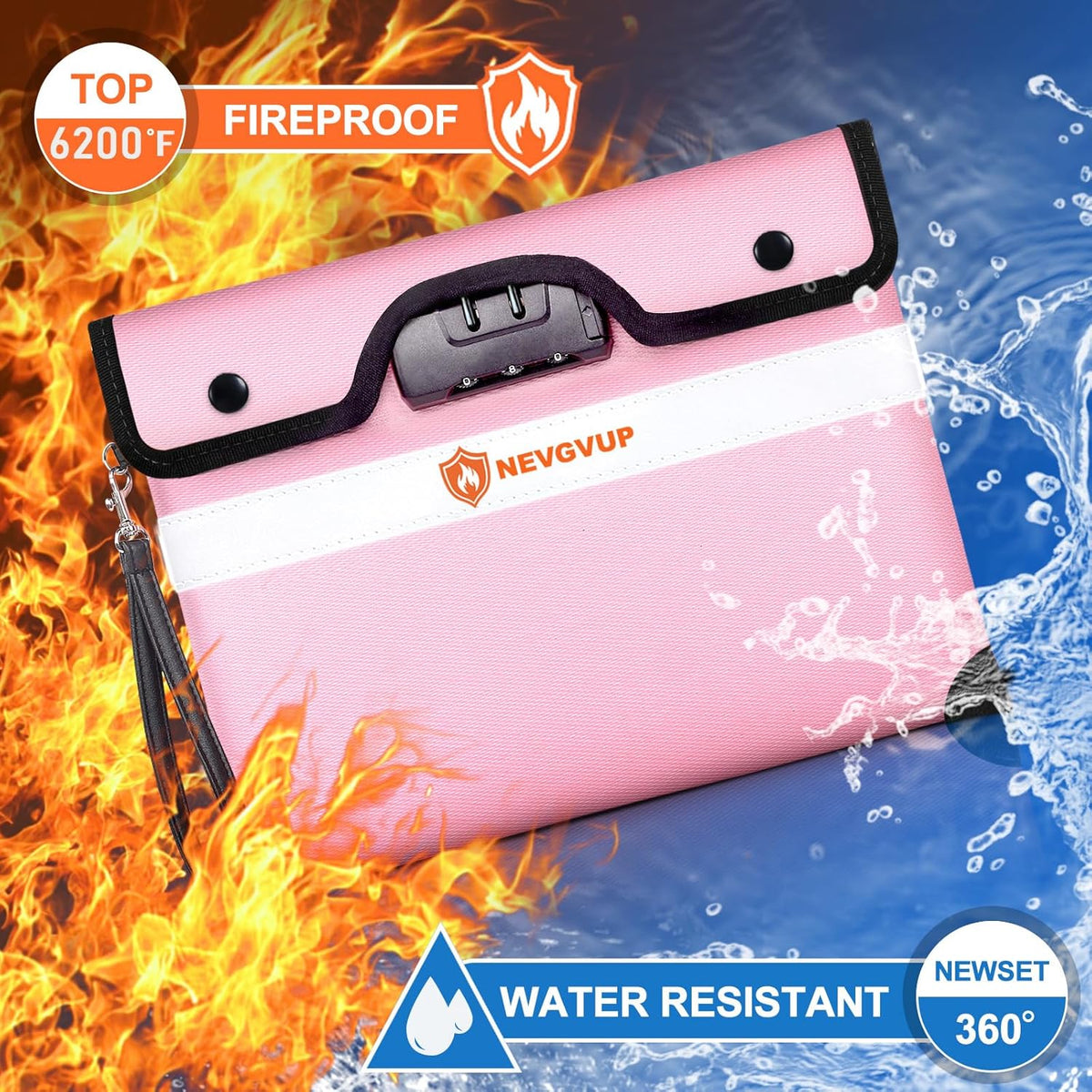 Upgraded 6200°F Fireproof Document Bag with Code Lock, Fire Proof Pouch w. Zipper/Reflective Strip, 9 Layers of Heat Insulated Materials, Fireproof Money Bag for Cash/Documents, Water Resistant