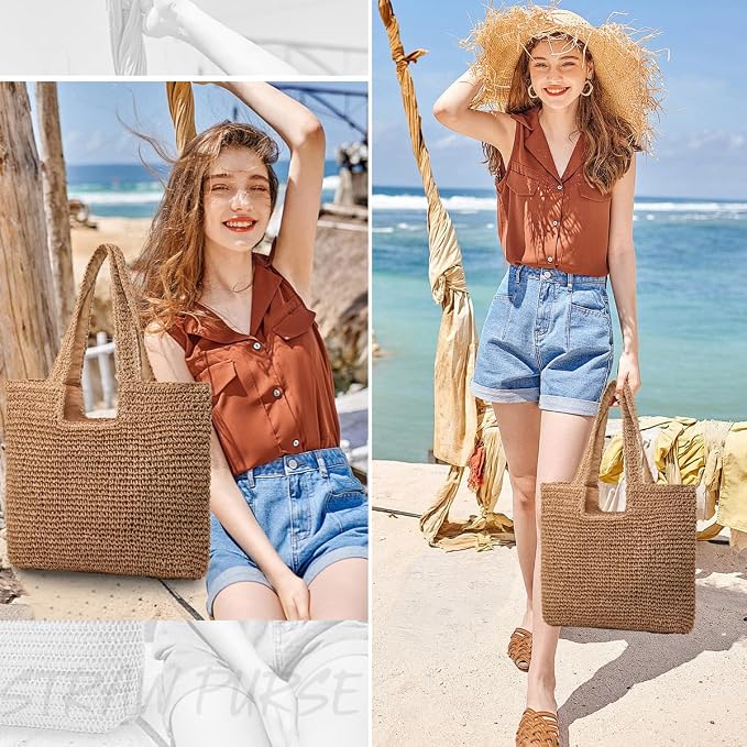 Straw Beach Bags for Women Woven Beach Tote Bag Casual Boho Large Shoulder