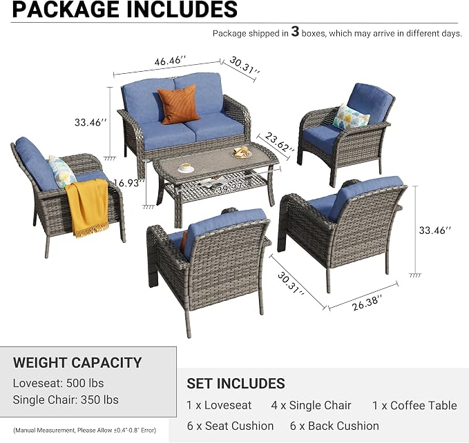 HOOOWOOO Patio Furniture Set, 6 Pieces Outdoor Conversation Set, All Weather